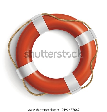 An orange lifebuoy with white stripes and a rope is shown against a white background.