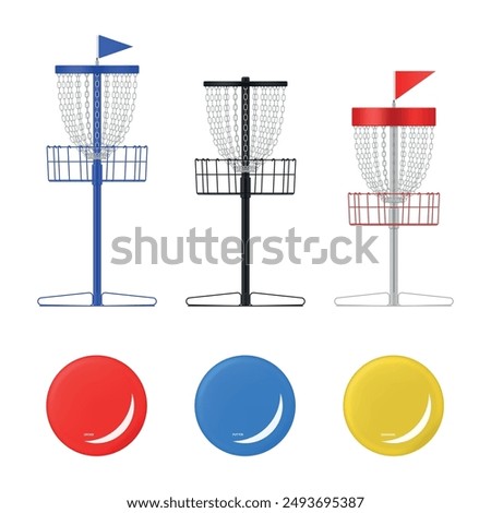 Disc golf frisbee basket with equipment outdoor sport recreation game playing set  vector illustration. Stand pole with chain flag for discs tossing leisure activity athletic competition target