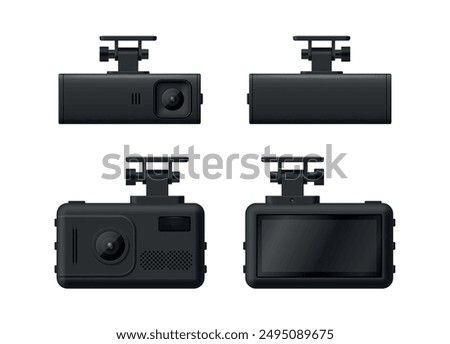 Car DVR black camera device modern surveillance technology front back view set realistic vector illustration. Digital recording cam with lens and display dashboard camcorder video monitoring