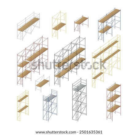 Scaffolding industrial multi level flooring structure for construction perspective set realistic vector illustration. Scaffold metallic frame with floor engineering development ladder tower