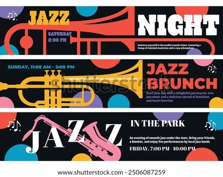 Banners inviting you to enjoy an evening of soulful jazz with local musicians in a lively atmosphere on a late Saturday night