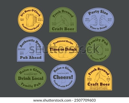 Beer brewery craft local drink pub engraved retro sticker design template set vector illustration. Malt foamy alcohol beverage in bottle and mug cheers festival label insignia label badge