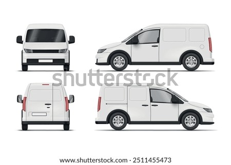 Panel van white industrial commercial automobile for transportation side front back view realistic vector illustration. Modern car for courier delivery cargo and passenger moving transport