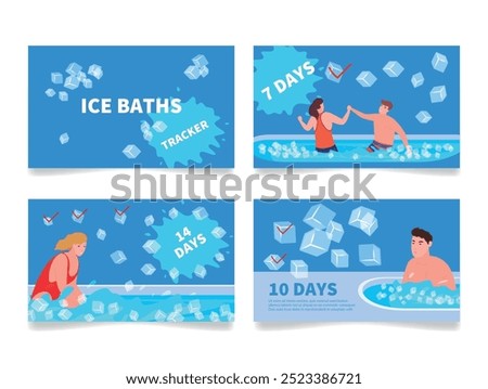 A visual tracker illustrates ice bath progress over 14 days, with users completing sessions and checking off their goals. Ice cubes emphasize the cold therapy theme.