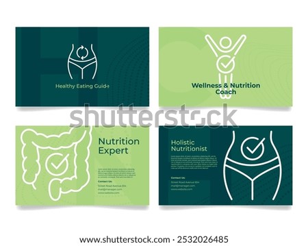 A nutrition expert card showcases health services including wellness coaching and holistic nutrition. Featuring a modern design, it promotes healthy eating habits and well-being.