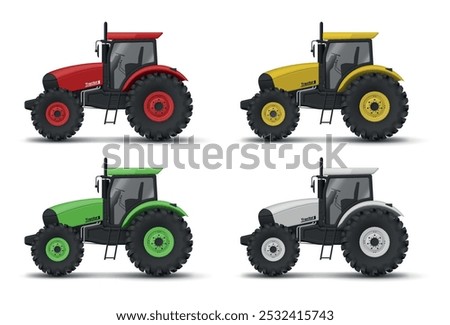 A collection of four farm tractors in a variety of vibrant colours, each featuring sturdy wheels and a sleek design, all isolated on a clean white background. Perfect for farm-themed projects.