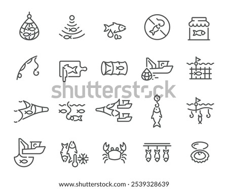 Fishing industry catching production minimalist line art icon set vector illustration. Fisherman industrial commercial occupation spinning net canning cooking freezing seafood nautical vessel boat