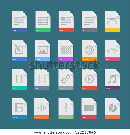 File format vector set isolated from background. Document types signs in flat style. Design file extensions.  