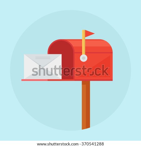 Mail box vector illustration in the flat style. Open red mail box with an envelope on the cover isolated from background.