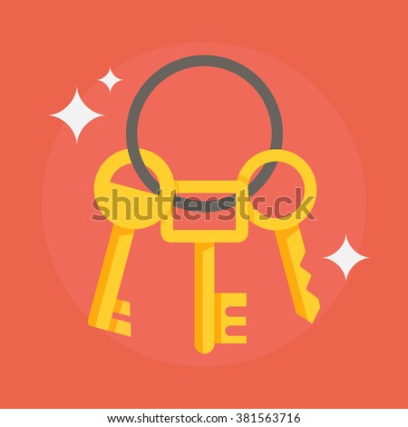 Bunch of keys vector illustration in a flat style. The concept of privacy, security and protection. Yellow house keys on a colored background.