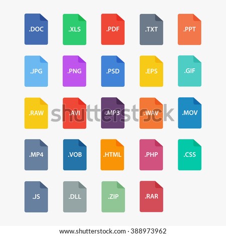 File type icon.  File extensions vector illustration. File type and document types in flat style.  Popular file formats sign isolated from the background.