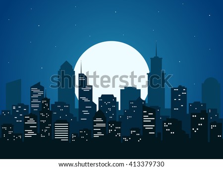 Night city vector illustration. Dark urban scape. Night cityscape in flat style. Night city skyline abstract background. Modern night city landscape.