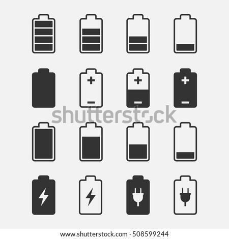 Battery icons vector set of isolated from the background. Symbols of battery charge level, full and low. 