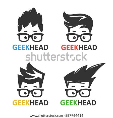 Cartoon boy's face nerd with glasses. Set of vector icons of computer geek. Logo for educational or scientific applications and websites.