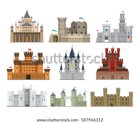 Castles and fortresses vector set in a flat style. Fairy medieval palaces with towers, walls and flags. Icons old forts isolated from the background. 