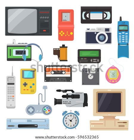 Icons of gadgets of the 90's in a flat style. Retro game console, camera, video cassette, player, vintage TV, pager and other electronics. A set of hipster gadgets. 