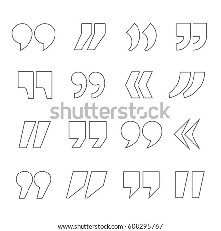 Icons of quotes in thin linear style. Different variants of quotation marks to indicate utterances, phrases, callouts, etc. Contour double commas for quotes on white background. 
