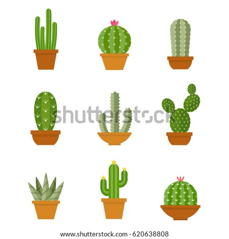 Cactus icons in a flat style on a white background. Home plants cactus in pots and with flowers. A variety of decorative cactus with prickles and without. 