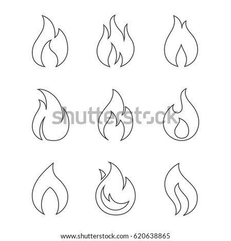 Fire outline icons on white background. Burning fireball concept signs. Set of different fire flame icons in a linear style. Set of contour bonfire icons. 