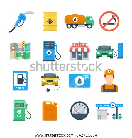 Petrol station icons in a flat style. Attributes of a gas station of a column, a canister, a petrol pump, a worker, a cafe. Isolated vector illustration.