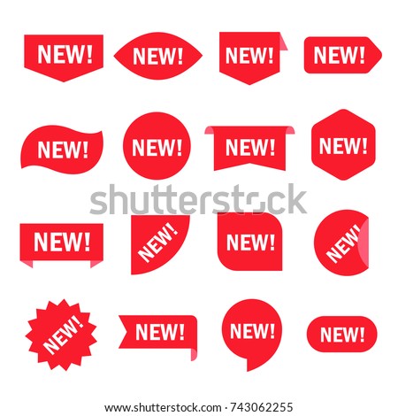New sticker set. Red promotion labels for new arrivals shop section. Vector flat style cartoon illustration isolated on white background