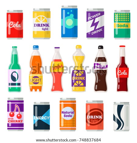 Soft drinks bottles. Bottled beverage, vitamin juice, sparkling or natural water in cans, glass and plastic bottles. Vector flat style cartoon illustration isolated on white background Foto d'archivio © 