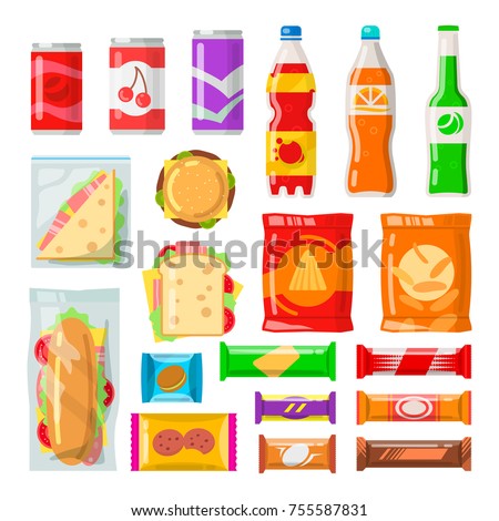 Vending machine products. Tasty snacks, beverages, drinks from automated machine. Vector flat style cartoon illustration isolated on white background