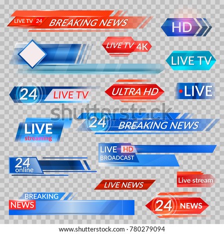 Tv news and streaming video banners. Live, hd, 24 hours online display advertisements, commercials that appear before news or programmers. Vector flat style tv banners cartoon illustration