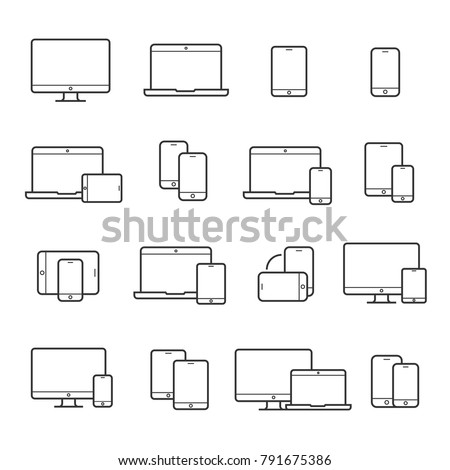 Device line icon set. Portable compact personal computer, smartphone, mobile phone, gadgets for information management, mobile calls, email sending. Vector line art illustration, white background