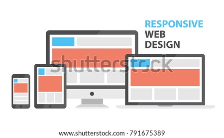 Responsive web design. Single site to support many devices, web page render well on a variety of screen sizes. Vector flat style cartoon responsive design illustration isolated on white background