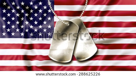 Dog tags, identity plates, with copy space, on American Flag background.