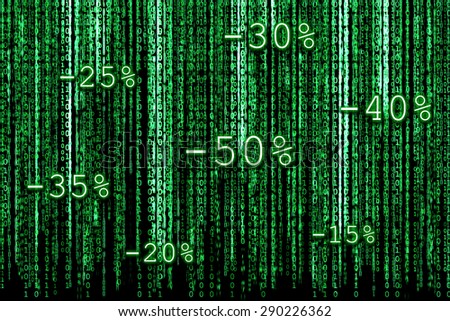 Green Binary code as matrix background with binary characters and discount percentages for Christmas sales.