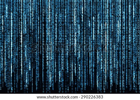 Big Blue Binary code as matrix background, computer code with binary characters shining.