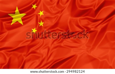 3D waving Chinese flag with five yellow stars on red silk background