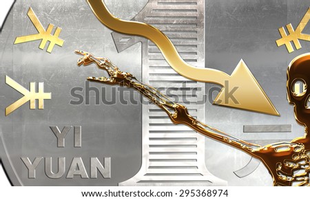 Chinese currency Yuan with a skeleton arm pointing at Yuan symbol as a clock hand. Golden shares arrow pointing down. Business concept about financial crisi,failure and debit, bankruptcy