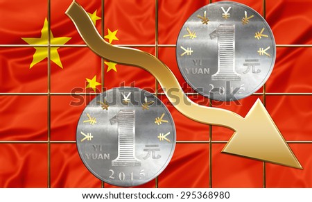 Chinese currency Yuan coins and golden shares arrow pointing down. Business concept about financial crisi,failure and debit, bankruptcy
