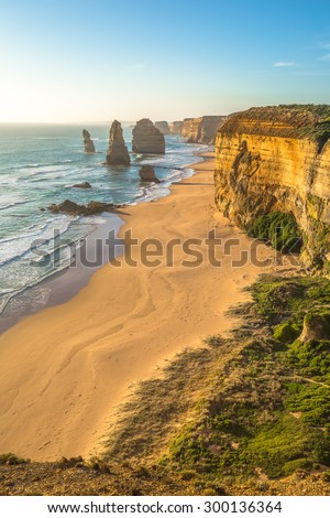 Top view of the rock stacks that comprise the Twelve Apostles, one of the main attractions of the Port Campbell National Park. Great Ocean Road, Victoria State, Australia.