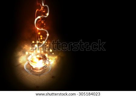 A cup of coffee with fireworks exploding on top on black background, right copy space
