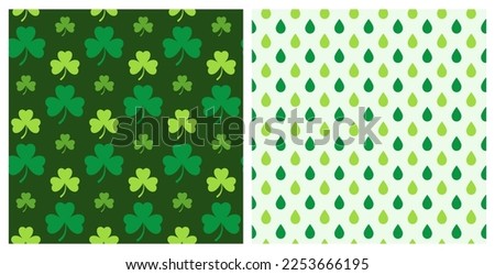 St. Patrick’s Day set of two seamless decorative pattern of clover leaves and green raindrops. Hand drawn design for St. Paddy's day celebration, party decoration, wallpaper, scrapbooking, textile. 