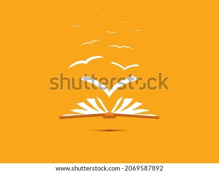 Book Day Concept. International Literacy Day greeting card template of an open book with paper bird flock in modern paper cut style. Cultural knowledge or reading imagination concept for an education 