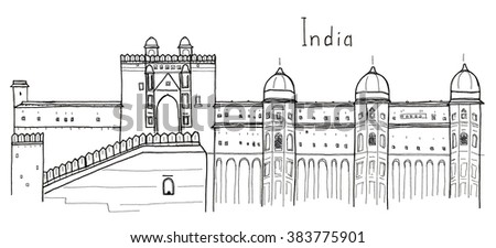 Hand Drawn Sketch Illustration Architecture Landmark Of Amber Fort ...