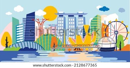 Singapore landscape in crayon style vector illustration