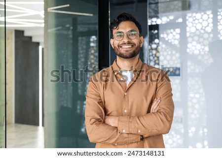 Similar – Image, Stock Photo A man and his dog on the beach in front of the industrial plants in the background