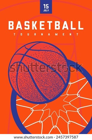 basketball poster, vector illustration, background with an image of a basketball ball on an orange background with a basket. banner, flyer, poster, advertising