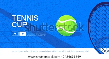 tennis banner, ball on the tennis court, racket, place for text, blue color, vector banner for social media