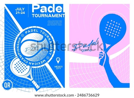 simple poster template for padel competitions, vector graphics, flyer, banner, cover, featuring the ball, racket and padel court, in blue and pink colors