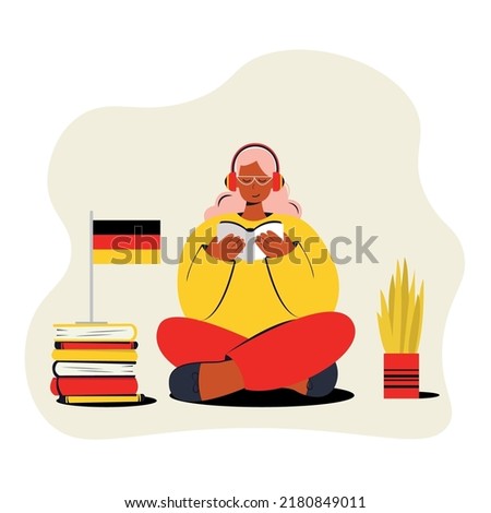 Vector illustration of people learning German. Distance education in Germany is the concept of online training courses. A schoolboy is reading a book with cartoon characters. Teaching foreign language