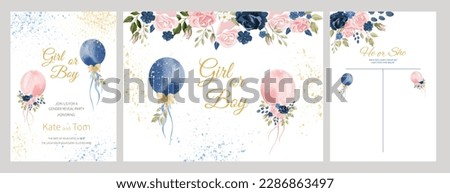 Set of Gender reveal party invitation templates. boy or girl. watercolor pink and blue balloons with flowers and ribbons. Banner and poster, background with balloons on the ribbon. Vector illustration