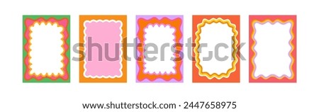 Set of Retro FRAMES WITH DOODLE orange, RED, PINK curvy squiggly wavy. Wave scalloped edge frame. Cute curved frame box. Trendy  vector template for greeting card, poster,  invitation, social media