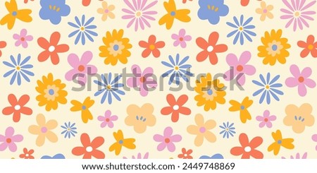 Abstract seamless pattern with hand drawn vintage groovy daisy flowers. design y2k. 60s, 70s, 80s style	